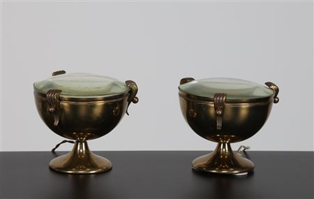 MANIFATTURA ITALIANA Coppia di lampade lenticolare da tavolo in ottone e...