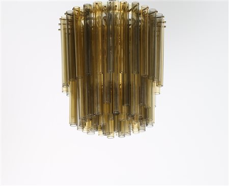 VENINI Lampada a sospensione in metallo ottone e vetri tubolari, anni 50. -....