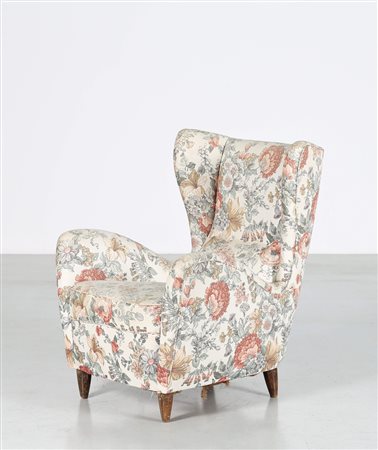 PONTI GIO' (1891 - 1979) Poltrona in legno e tessuto, anni 50. Expertice a...