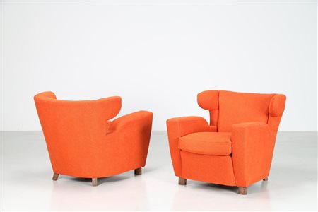 BEGA MELCHIORRE (1898 - 1976) Attrib. Coppia di poltrone in legno e tessuto,...