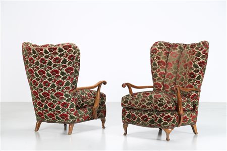 MANIFATTURA ITALIANA Coppia di poltrone legno e tessuto. -. Cm 72,00 x 102,00...