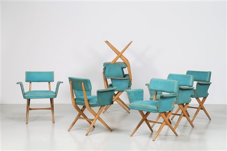 MANIFATTURA ITALIANA Sette poltroncine in faggio e tessuto originale, anni 50...