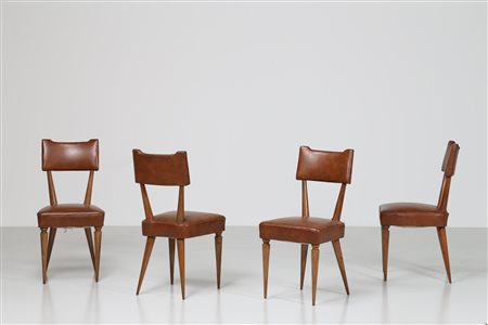 MANIFATTURA FRANCESE Quattro sedie in noce e skai originale, anni 40 . -. Cm...
