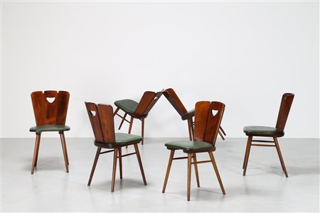 PECORINI GUGLIELMO Sei sedie in legno e sky, anni 50 . -. Cm 42,50 x 84,00 x...