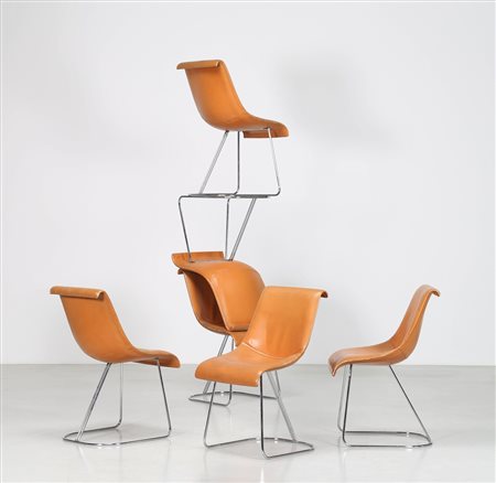 INTROINI VITTORIO Sei sedie in metallo cromato e pelle per saporiti . . Cm...