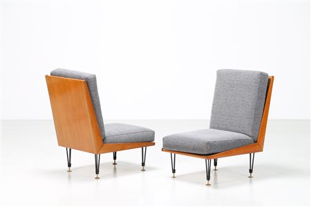 PAOLI EDOARDO Coppia poltrone in legno metallo e tessuto, anni 60. -. Cm...