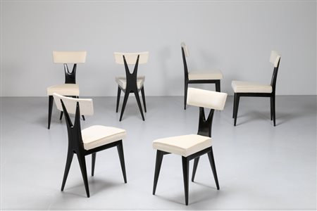 VIGORELLI GIANNI Attrib. Sei sedie in legno laccato nero e seduta imbottita,...