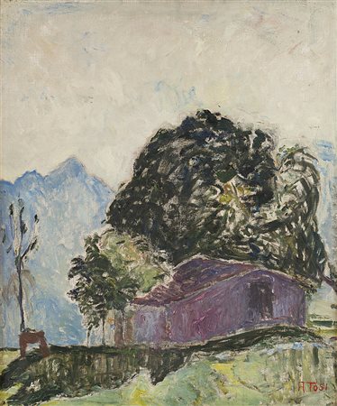 ARTURO TOSI (1871 - 1956) La baita,1925 olio su tela, cm 60x60 Firma in basso...