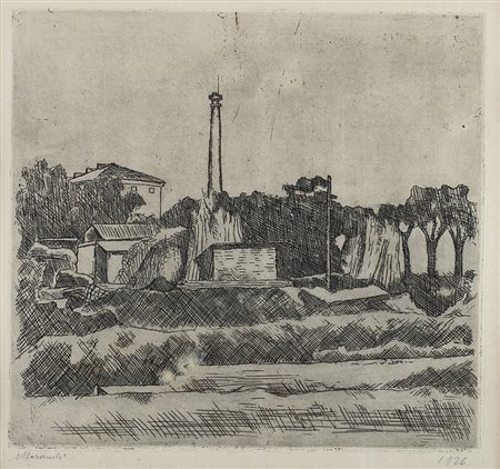 GIORGIO MORANDI (1890 - 1964) Paesaggio con la ciminiera (Sobborghi di...