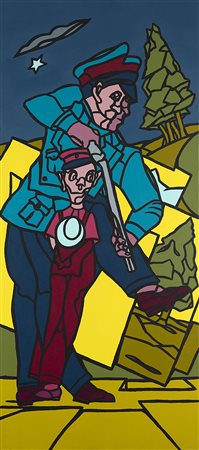 VALERIO ADAMI (1935) Studio per 'commando',2014 acrilico su tela, cm 147x65...