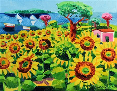 Athos Faccincani (Peschiera del Garda 1951) La casa rosa e i girasoli Olio su...