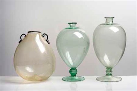 FRATELLI TOSO Vaso in vetro con anse e collo applicati, anni ‘30. altezza cm 26