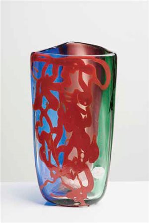 FULVIO BIANCONI Vaso a sezione triangolare con fili rossi, 1989. Firma...