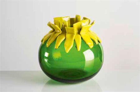 ELENA CUTOLO Vaso “Pumpkin baloon” in vetro soffiato con decori applicati a...
