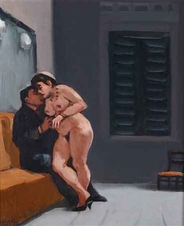 Alberto Ziveri (1908-1990), Postribolo, 1954, olio su tela, cm 35x30 Timbri...
