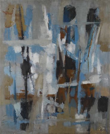 Giuseppe Ajmone (1923-2005), Azzurri e bianchi, 1957, olio su tela, cm 73x60...