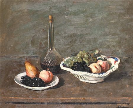 Alberto Salietti (1892 - 1961), Pesche, uva, bottiglie, 1951, olio su tela,...