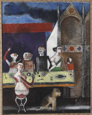 Franco Gentilini (1909-1981), Banchetto vicino alla cattedrale, 1965, olio su...