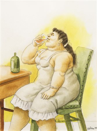Fernando Botero (Medellin 1932)"Donna che beve" 1999matita e acquerello su...