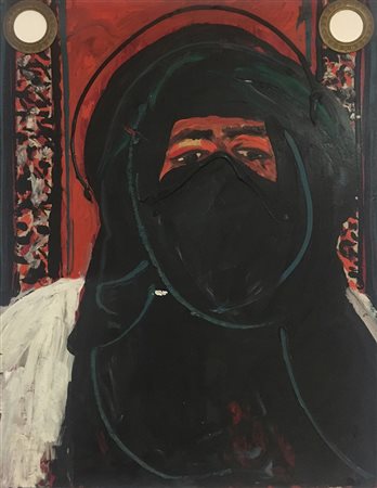 Aldo Mondino Torino 1938 Ritratto 1986 Olio su linoleum 60x45 Certificato di...