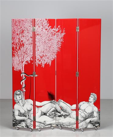 FORNASETTI PIERO (1913 - 1988) Paravento in legno laccato e serigrafato,...