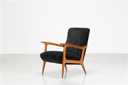 FARINA MOREZ RUGGERO Poltrona in legno e tessuto, per Cassina, anni 50....