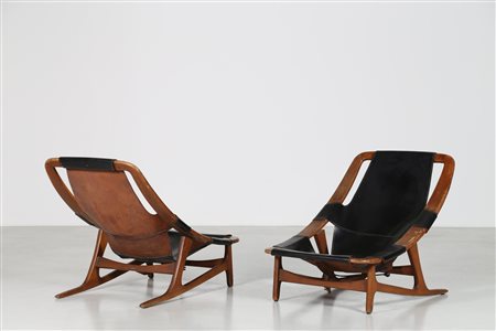 TIDEMAND RUUD ARNE Coppia di poltrone in teak e cuoio per Isa anni 50....