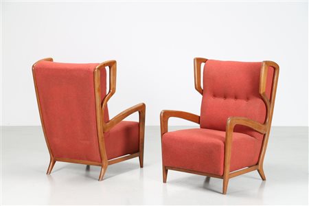 ORLANDI ORLANDO Coppia di poltrone in noce e tessuto, anni 50 . -. Cm 76,00 x...