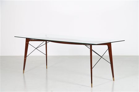 ANONIMO Tavolo in noce metallo e ottone con piano in cristallo, scuola...