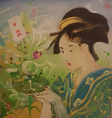 Dawid Bowes (Boston 1957 ) Geisha, 1992 Olio su tela, cm. 107x100 Sigla e...