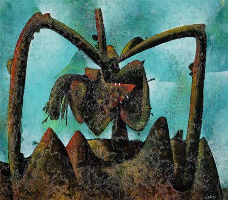 Gianni Dova (Roma 1925 Pisa 1991) Figura, 1958 Olio su tela, cm. 70x80....