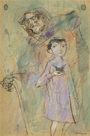Trento Longaretti (Treviglio (Bg) 2017) Vecchio e bambina, Pastello su carta,...