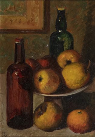 Corrado Michelozzi (Livorno 1965) Due bottiglie con frutta, Olio su tavola,...