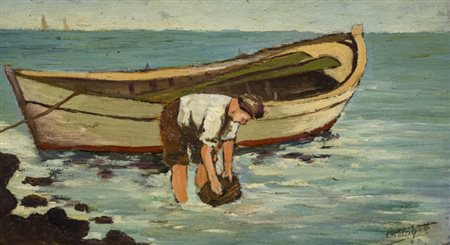 Cesare Pelagatti (Livorno 1971) Pescatore di granchi, Olio su tavola, cm....