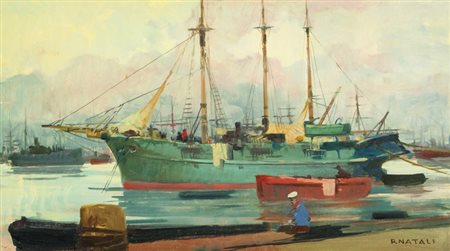 Renato Natali (Livorno 1979) Porto, Olio su tela, cm. 40x70. Firmato in basso...