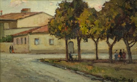 Gino Romiti (Livorno 1967) Piazza Mazzini, 1930 Olio su tavola, cm. 9,9x16....