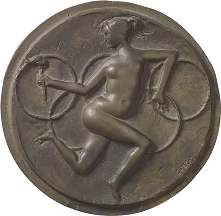 Emilio Greco Catania 1913 - Roma 1995 Olimpiadi Medaglia in bronzo, cm. 25 ø...