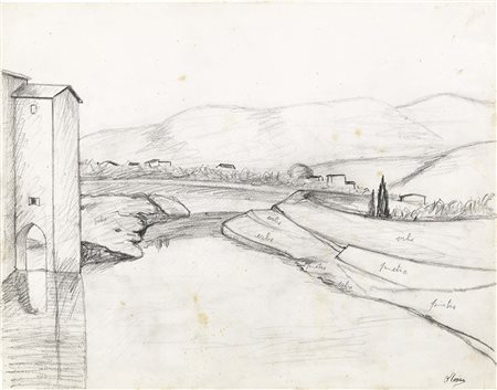 Ottone Rosai Firenze 1895 - Ivrea (To) 1957 Paesaggio Matita su carta, cm....