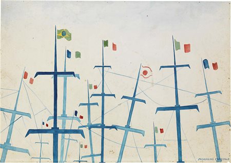 Pasqualino Cangiullo Napoli 1900 - 1975 Alberi sul mare Tempera su carta, cm....