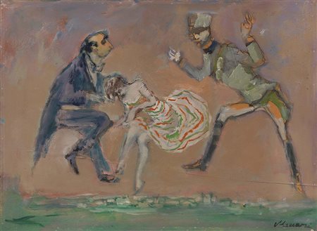 Mino Maccari Siena 1898 - Roma 1989 Figure in volo Olio su tavola, cm....