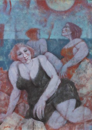Remo Squillantini Stia (Ar) 1920 - 1996 Le bagnanti Olio su tavola, cm. 70x50...