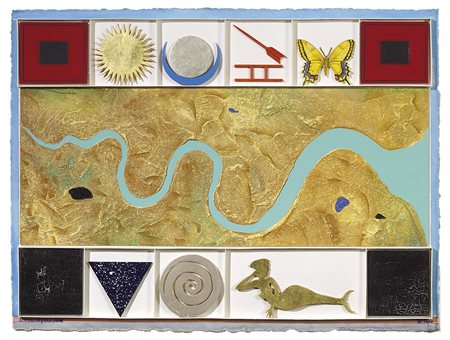 Lucio Del Pezzo Napoli 1933 Il grande fiume Collage polimaterico, oro in...