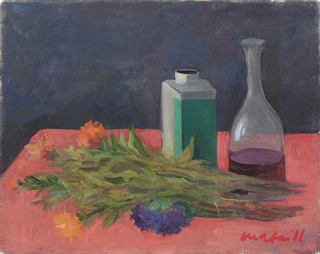 Mario Mafai Roma 1902 - 1965 Natura morta con fiori e bottiglie, 1955 Olio su...