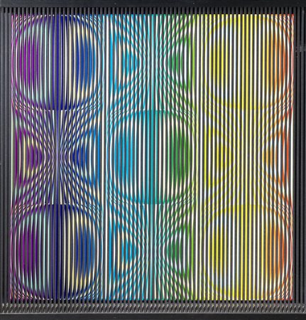 Alberto Biasi VIBRAZIONI IRIDESCENTI, 1999rilievo in PVC su tavola dipinta,...