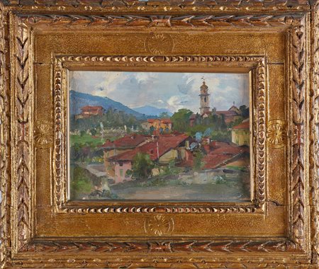 GALEOTA LEOPOLDO (1868 - 1938) Paesaggio con paese. Olio su tela . Cm 30,00 x...