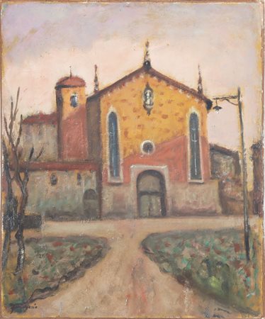 FRIGERIO LUIGI (1873 - 1936) Chiesa. Olio su faesite. Cm 57,00 x 67,00. Firma...