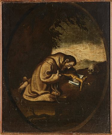ARTISTA DEL XVIII SECOLO Santo in preghiera con crocifisso. . Olio su tela ....
