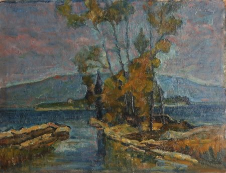 MOZZONI TITA (1894 - 1986) La penisoletta di Portese (Lago di Garda). Olio su...