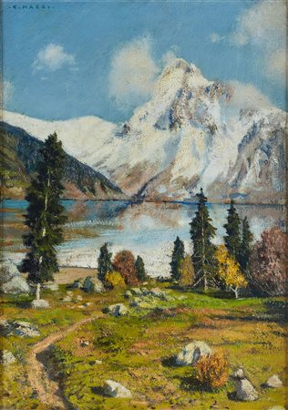 MAGGI CESARE (1881 - 1961) Paesaggio alpino. . Olio su cartone pressato. Cm...