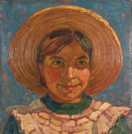 PAVAN ANGELO (1893 - 1945) Contadina con cappello di paglia. Olio su tavola....